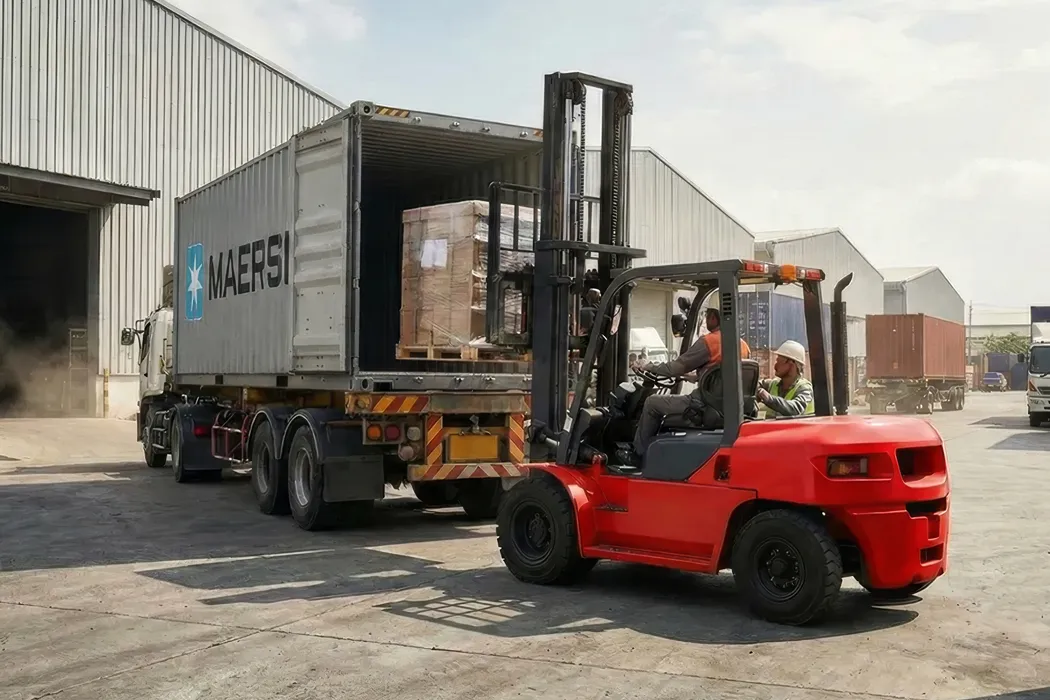 Container de carga sendo descarregado em um porto, simbolizando a importação.